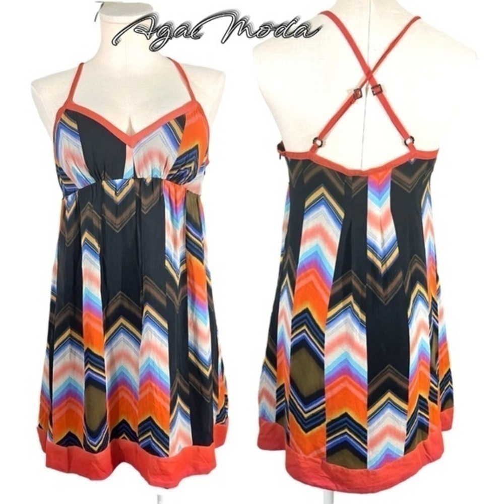 Guess Jeans Silk Crossed Back Spaghetti Strap Mini Colorful Dress